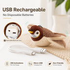 Rechargeable bird toy shown with its USB cable and removable core