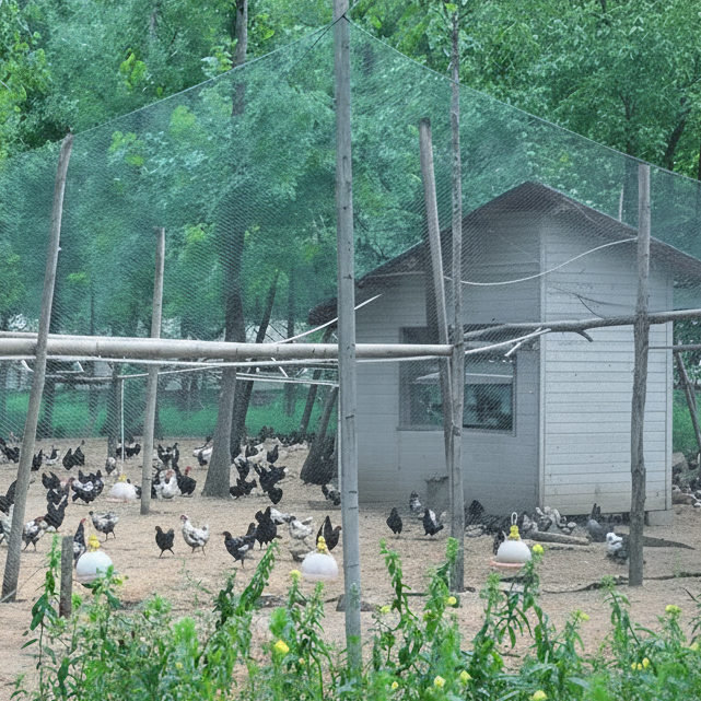 UV-resistant garden netting installed over a chicken run for bird protection
