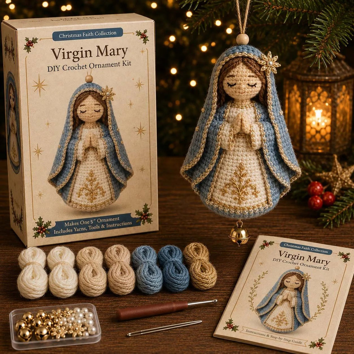 Virgin Mary ornament shown with blue and cream craft materials