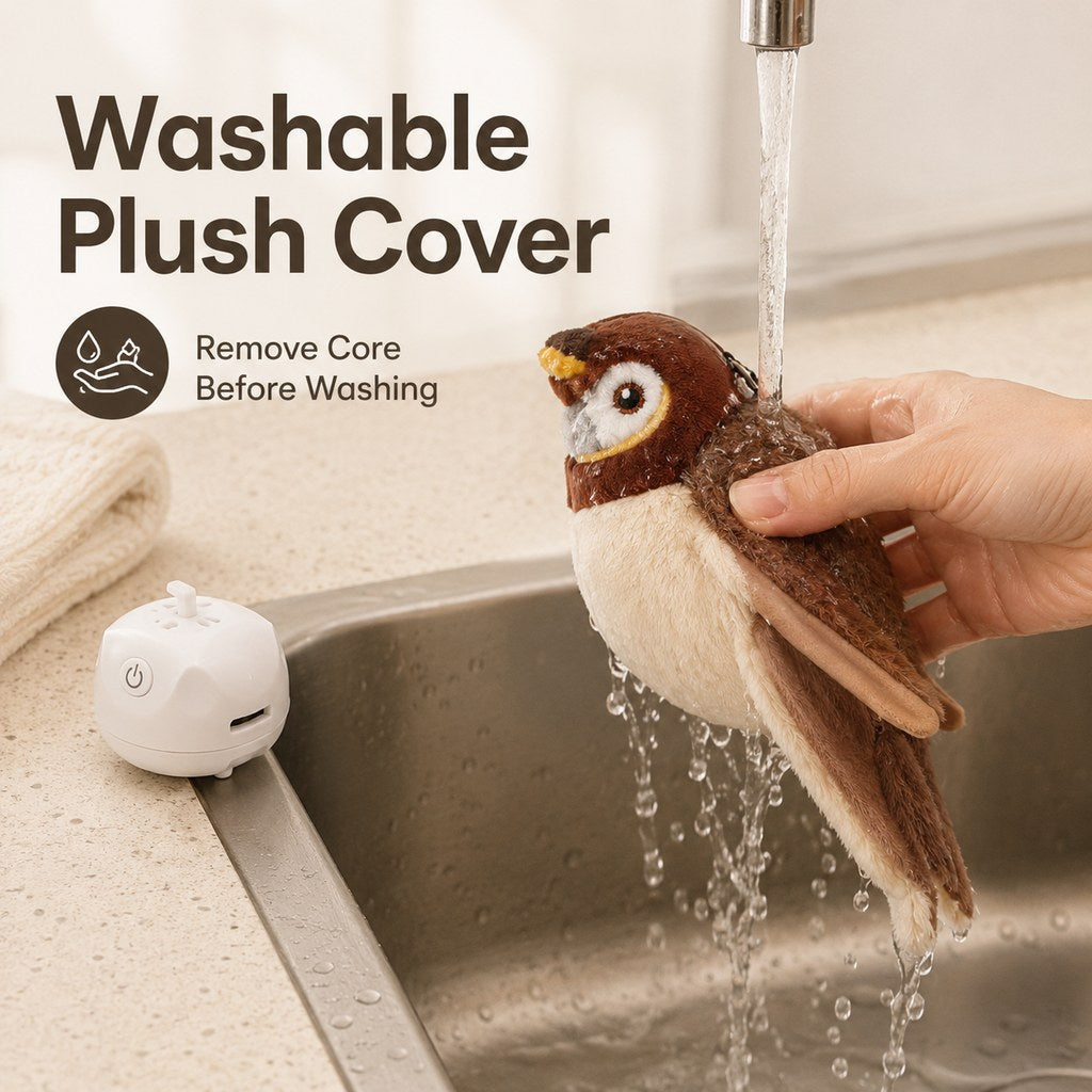 Removable plush bird cover being rinsed for cleaning