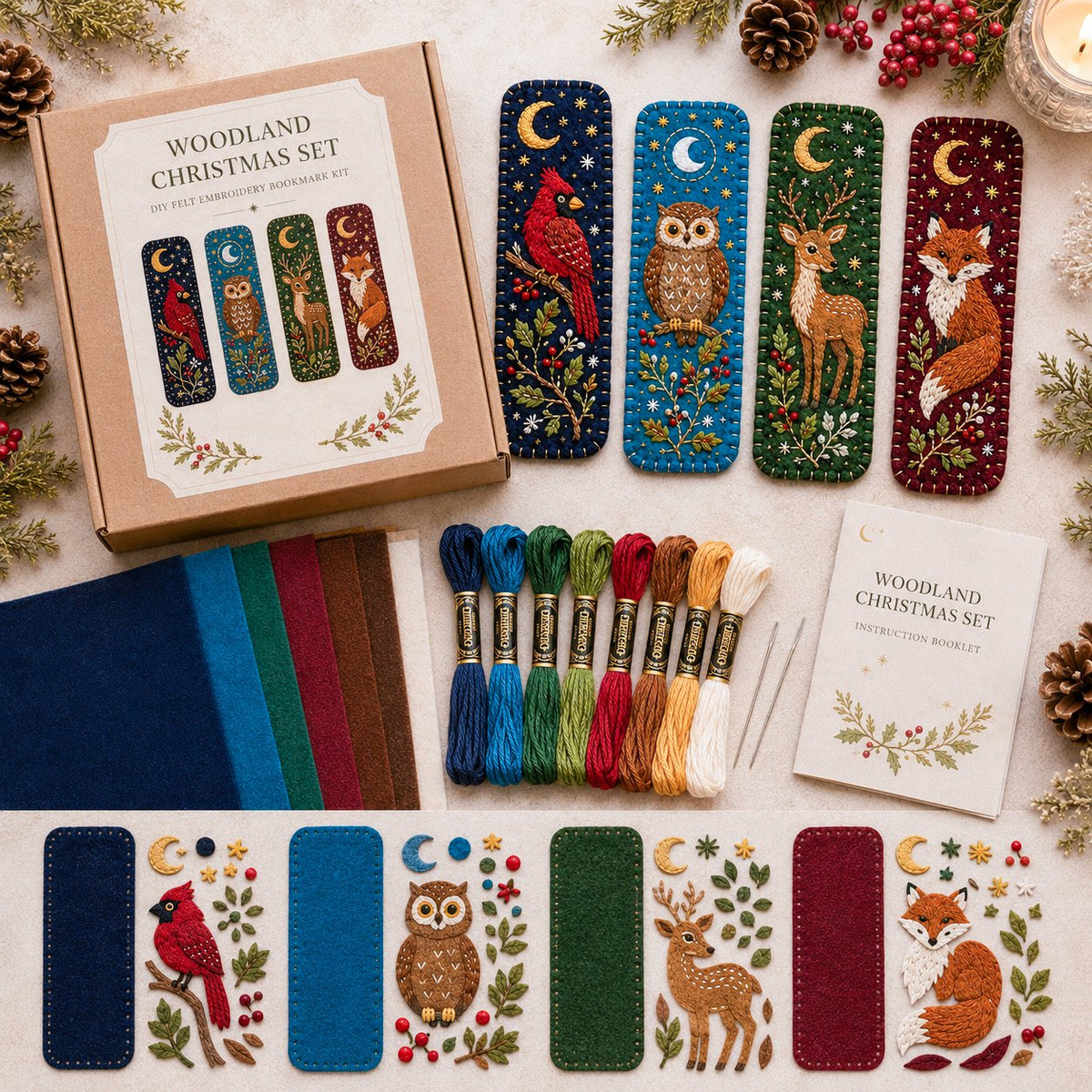 Woodland bookmark kit contents including patterns felt and thread