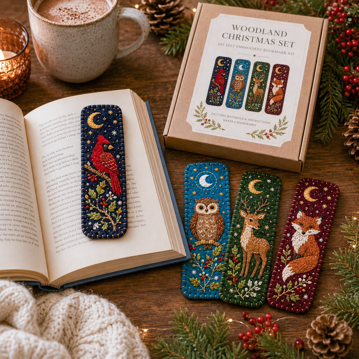 Woodland animal bookmark marking a page in an open book