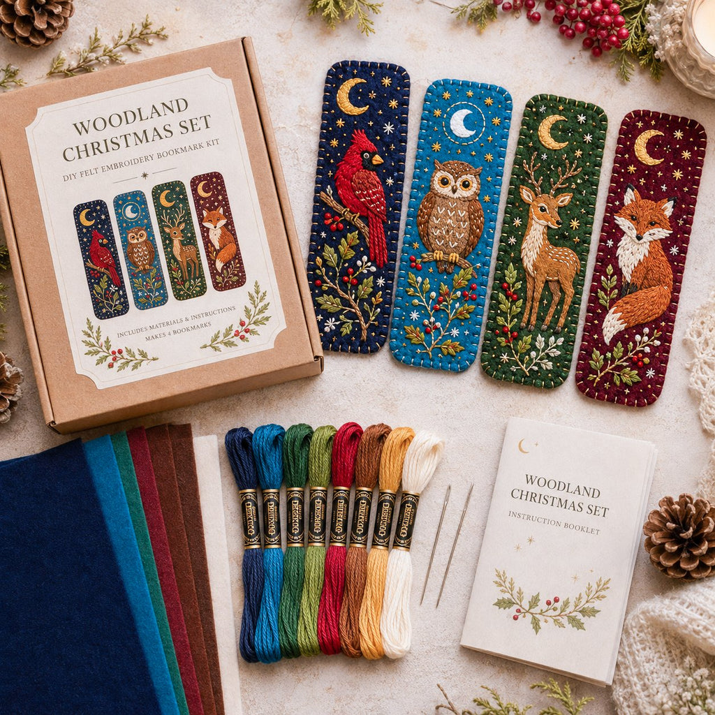 Woodland bookmark kit displayed with felt and embroidery thread