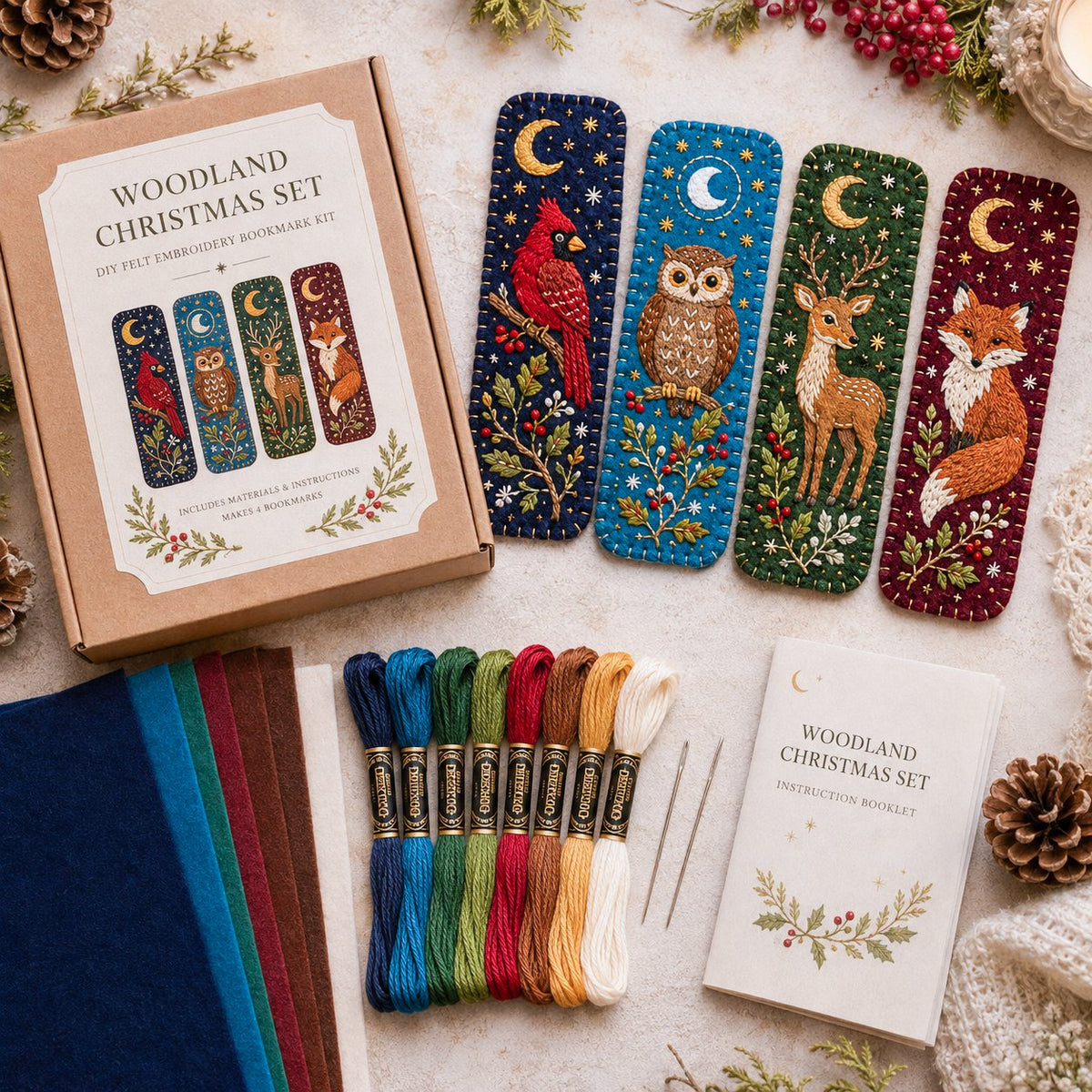 Woodland bookmark kit displayed with felt and embroidery thread