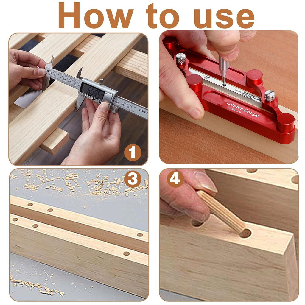 How to use a woodworking center marking gauge for measuring, drilling and aligning dowel holes in wood