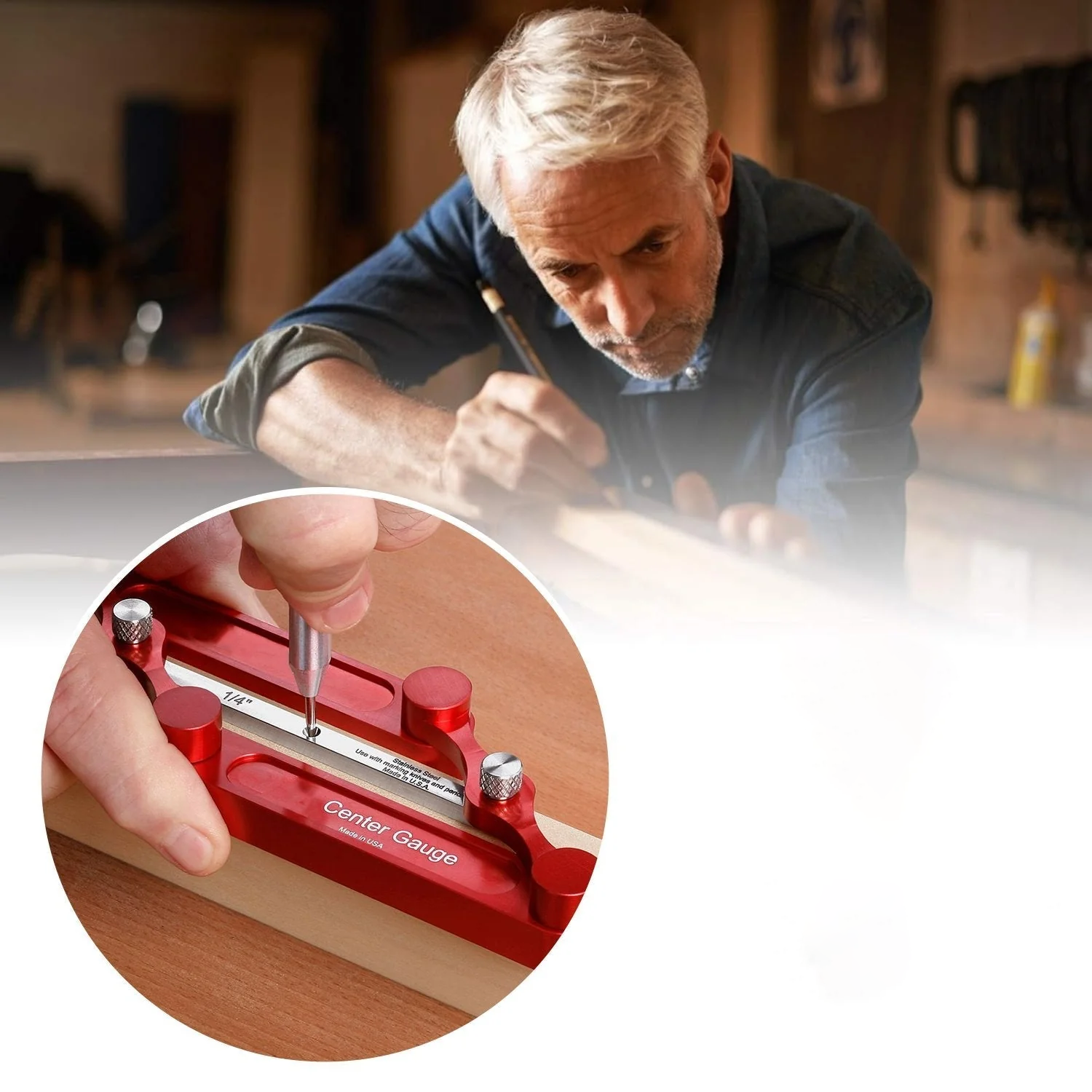 Woodworker using a center marking gauge tool for accurate wood marking and layout